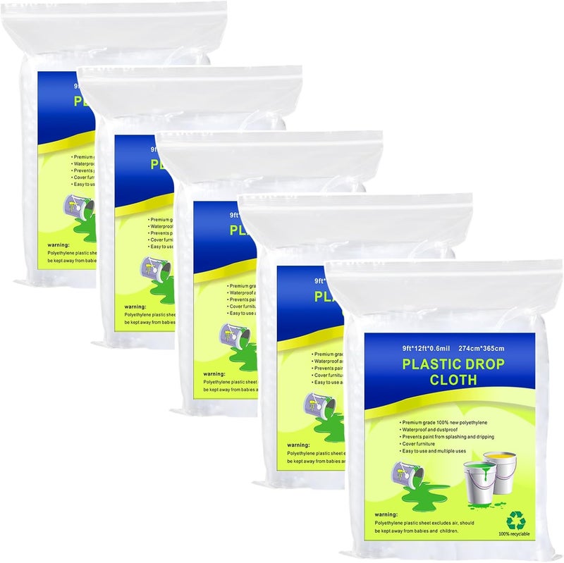 Cedolio 5 Pieces Plastic Drop Sheets for Painting, Waterproof and Dust-Proof Clear Cloth for Furniture Cover, 9x12 Feet Tarps - Image 1